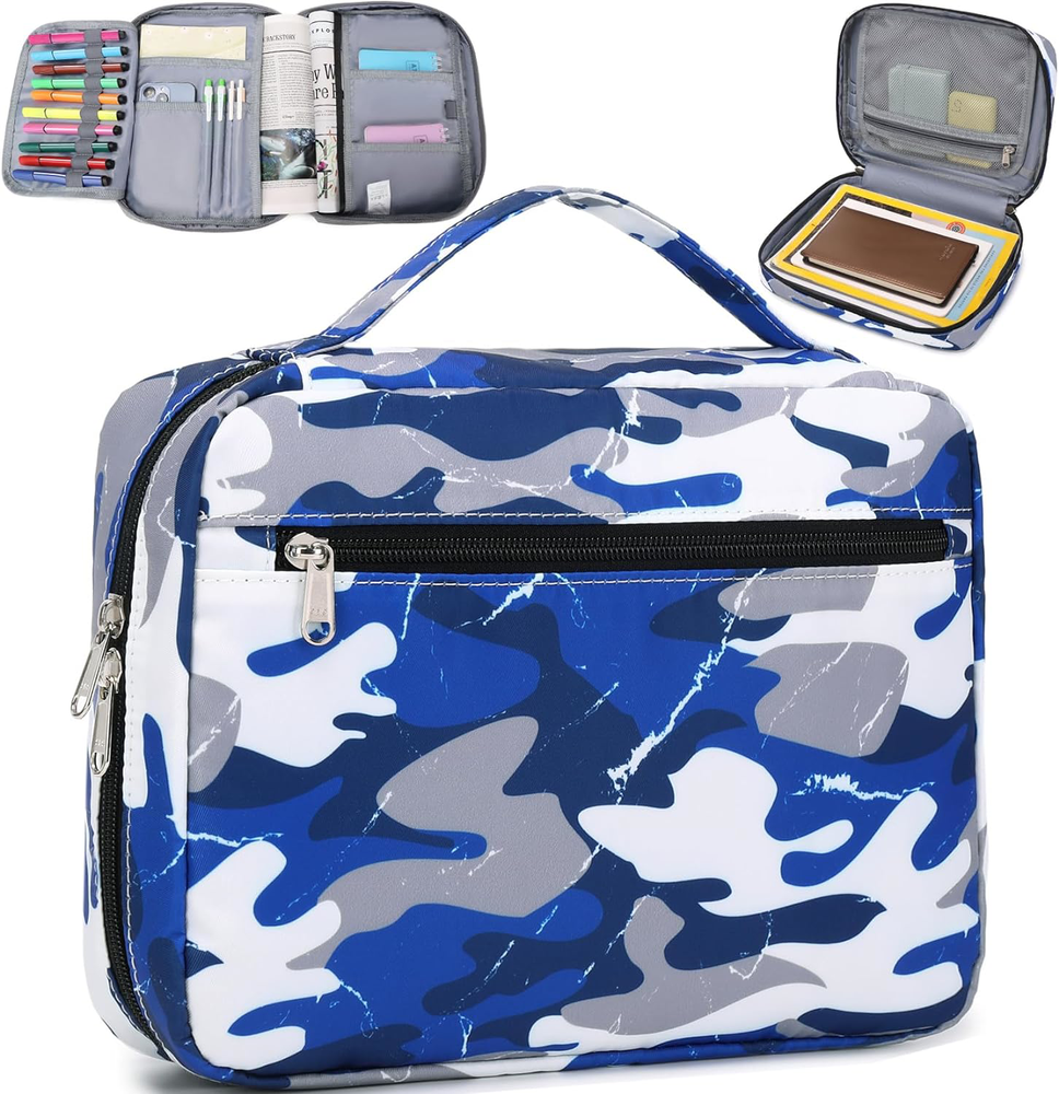 Bible Cover for Boys Kids - Camo Blue Protective Case with Handle & Pocket