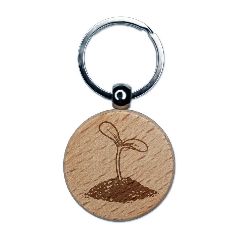 Seed Sprouting from Dirt Engraved Wood Round Keychain Tag Charm