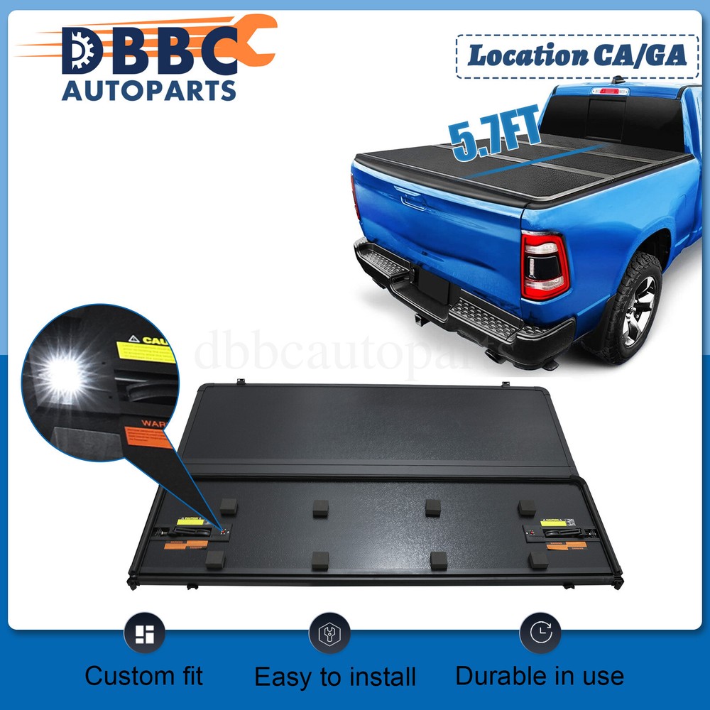 For2009-2024 Dodge Ram 1500 3Fold Hard Truck Bed Tonneau Cover W/LED 5.7ft/5.8ft