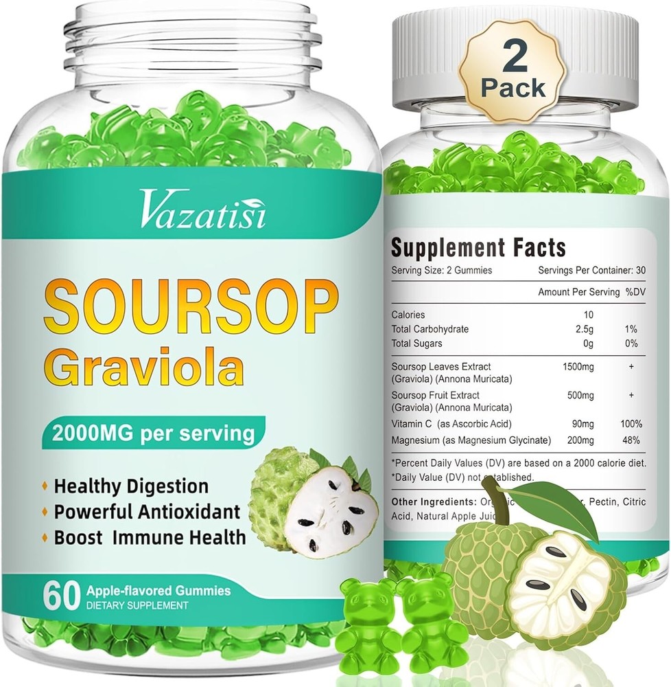 2 Pack Soursop Graviola Gummeis, Organic Soursop Leaves and Fruit Extract 2000mg