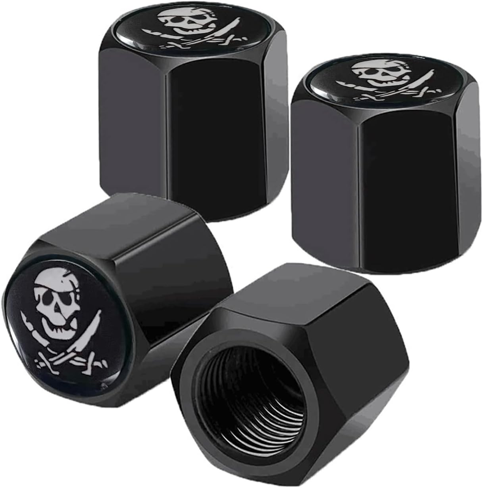 4 Pack Pirate Skull Tire Valve Stem Caps with Dustproof Rubber Seal