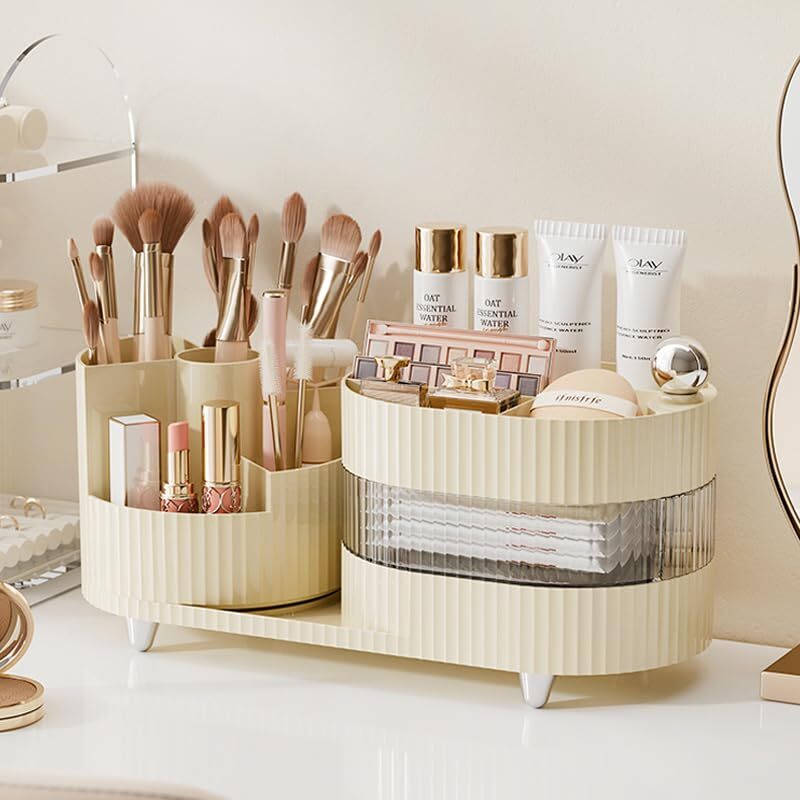 Rotating Makeup Organizer for Vanity with Brush Holder and Drawer, 3 Layer Co...