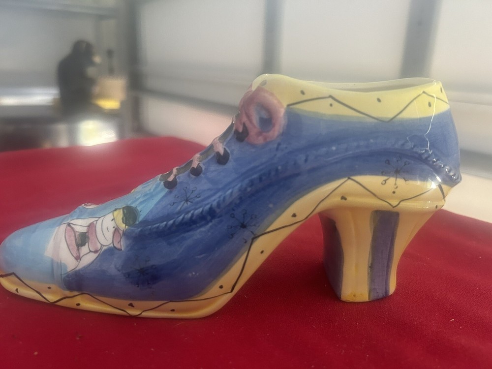 Vintage Blue Yellow Shoe With Hand Painted People In Boat
