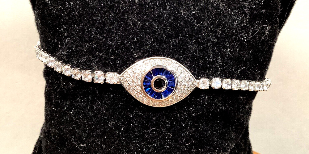 Evil Eye Tennis Bracelet Silver Tone Rhinestones slider adjustable 7 1/2