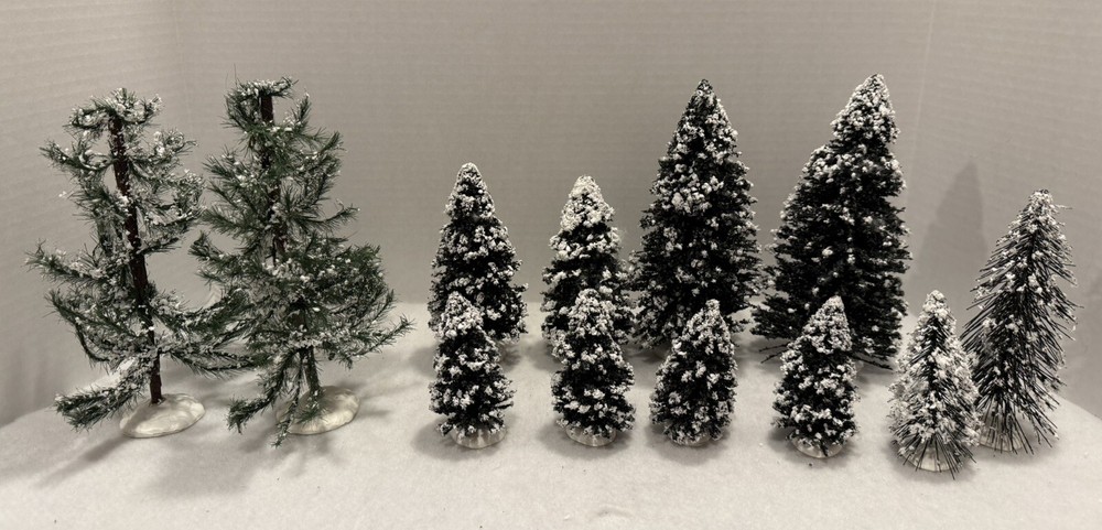 13 Vintage Lemax Christmas Village Trees with Snow Flocking 4-8.5 Inches