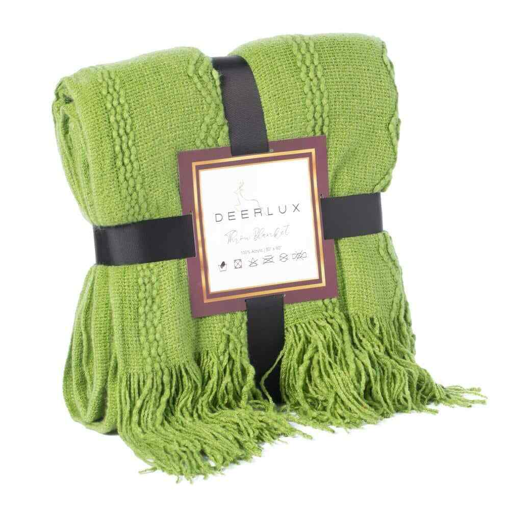 Green Decorative Zigzag Stripe Pattern Knit Throw Blanket Fringe