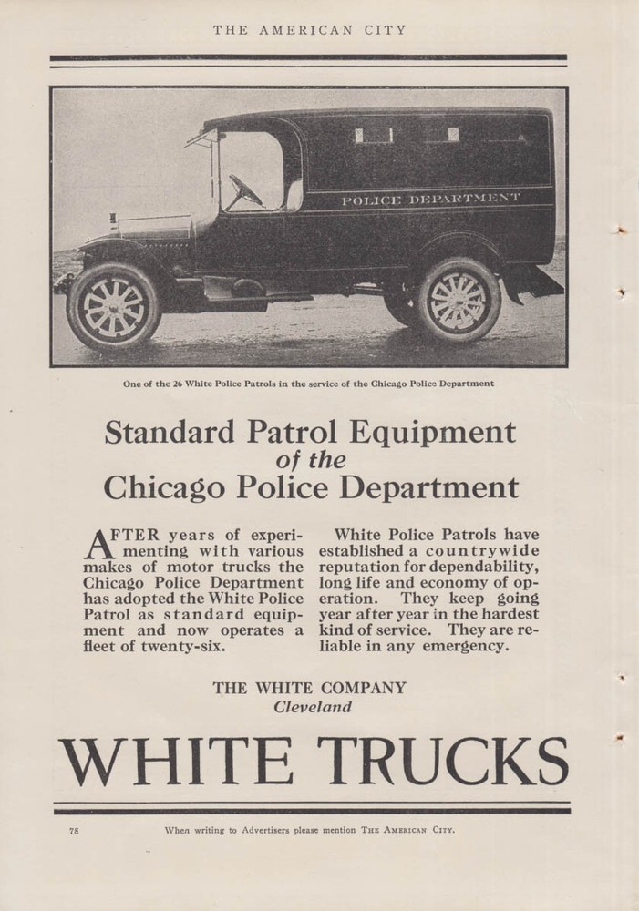 Chicago Police Dept Standard Patrol Equipment: White Paddy Wagon ad 1922