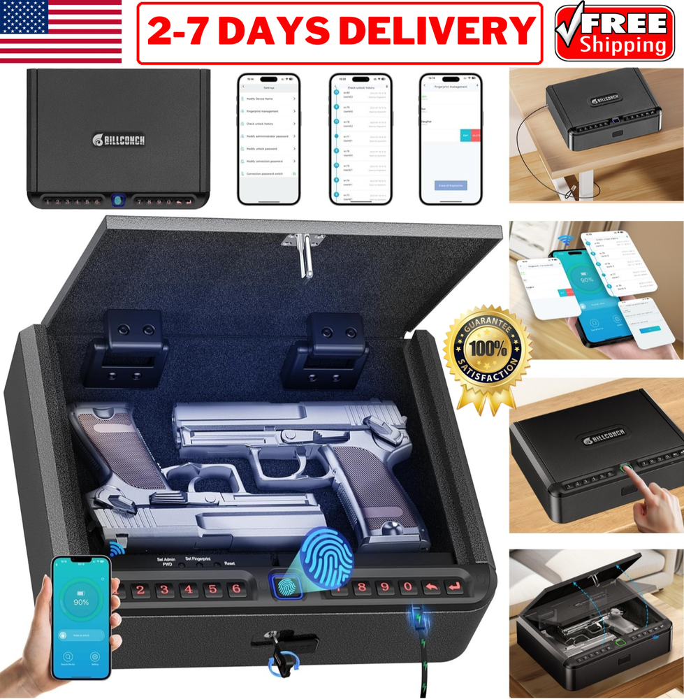 Biometric Gun Safe Pistol Firearm Security Fingerprint APP Lock Quick Access LED-image