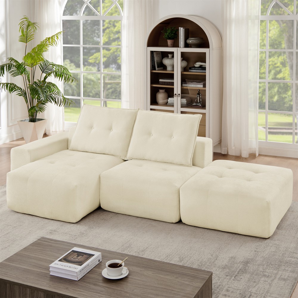 Modular L-Shaped Sectional Sofa in Linen - No Assembly Required Floor Couch