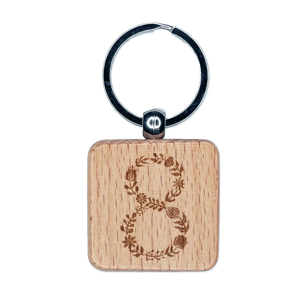 Elegant Botanical Floral Number 8 Engraved Wood Square Keychain Tag Charm
