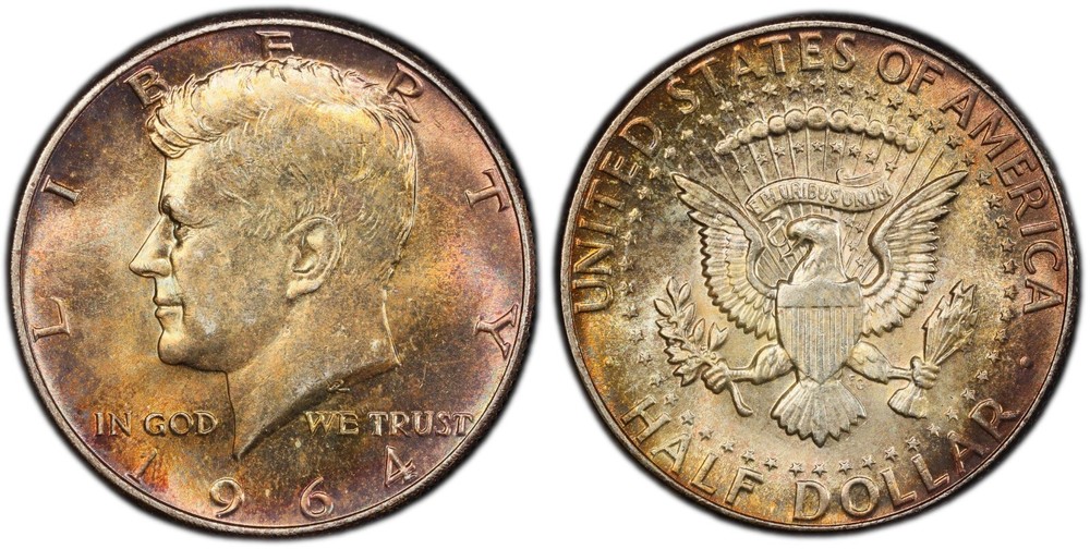 Toned 1964 P Silver MS 65 John F Kennedy Silver Half Dollar PCGS Graded 322