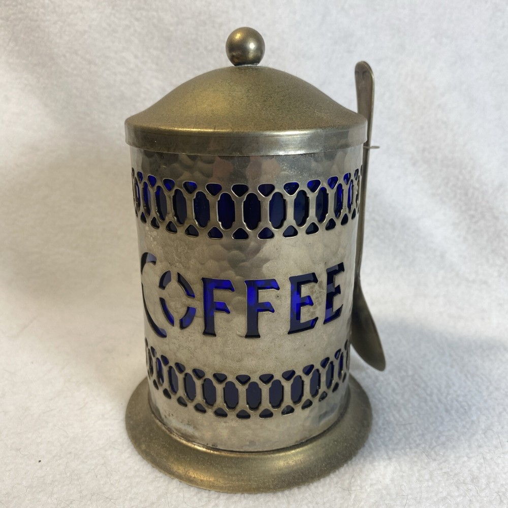 Leonard England Vintage Hammered Metal Cobalt Blue Liner Coffee Jar Lid & Spoon