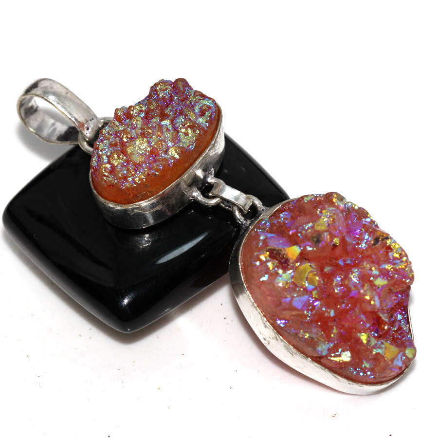 Pink Titanium Druzy 925 Silver Plated Long Gemstone Handmade Pendant 2.5
