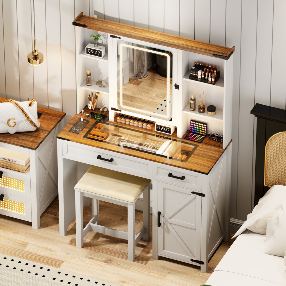 LED Makeup Vanity Desk with Mirror Lights & Charging Station