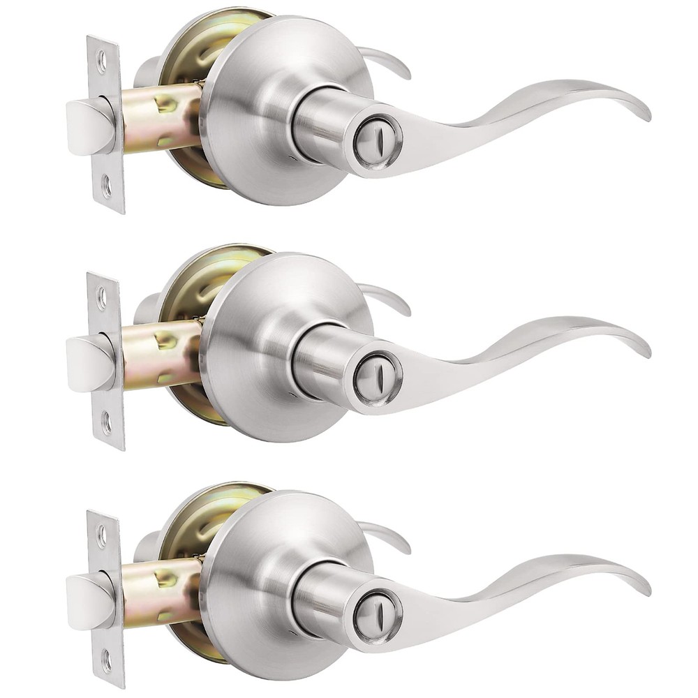 3 Pack Satin Nickel Privacy Door Handles for Bedroom and Bath Lever Door Hand...