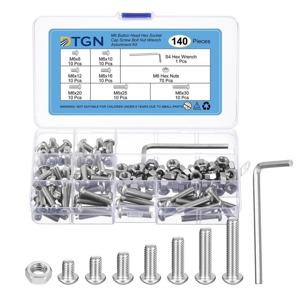 140Pcs M6-1x8~30 Button Head Hex Socket Cap Screw Bolt Nut Wrench Assortment Kit