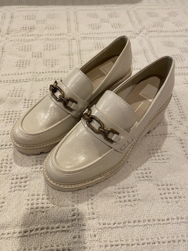 Dolce Vita Leather Heel Platform Loafers Ivory Cream Chunky Size 7.5 Slip On