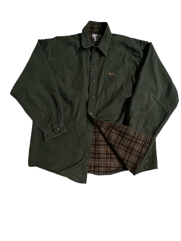Carhartt Mens Green Flannel Lined Canvas Shirt Jacket Shacket S96MOS Large Vintage