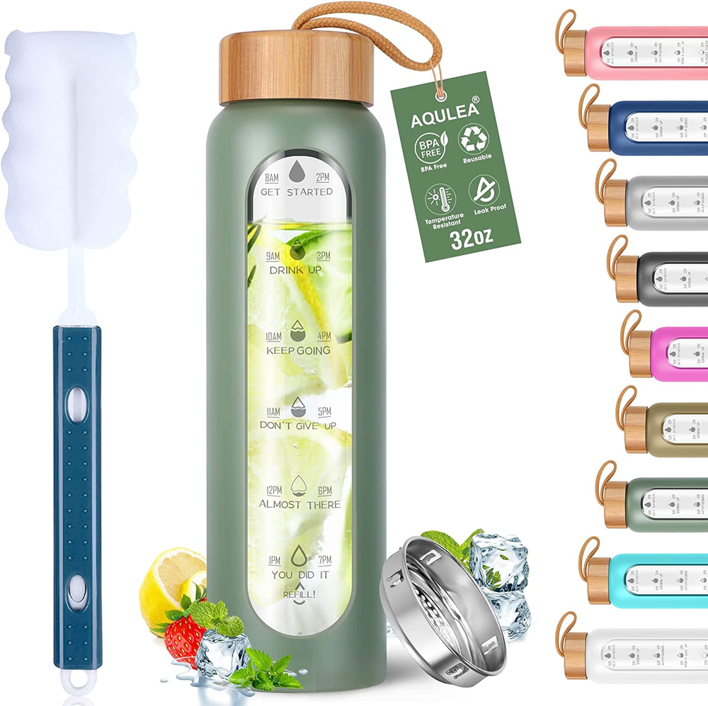 32 Oz BPA-Free Glass Water Bottle with Silicone Sleeve and Wide Mouth