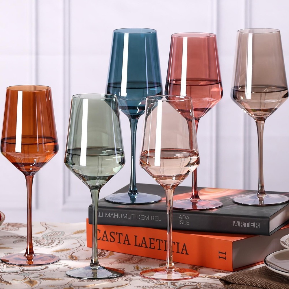 Vibrant Hand-Blown 15 oz Colored Wine Glasses Set of 6 - Fade-Resistant
