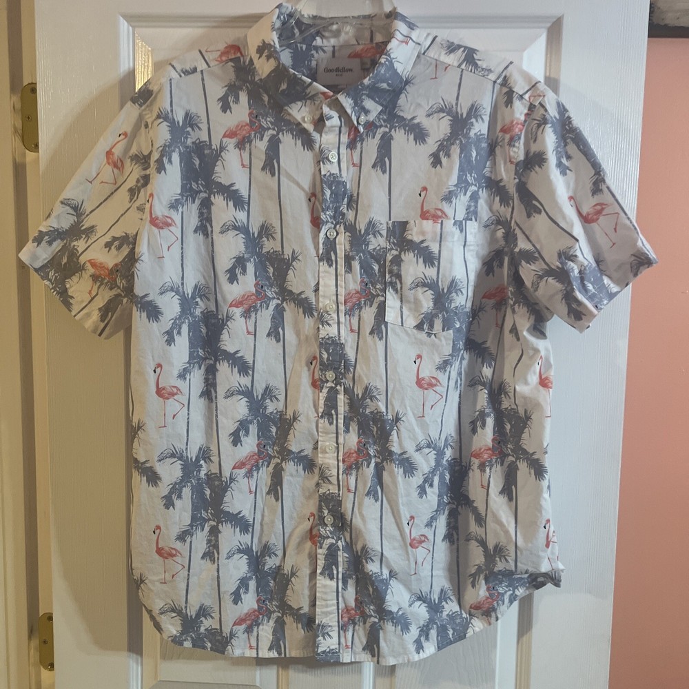 Goodfellow Mens XXL Slim Fit Flamingo Palm Tree White Button Up Shirt  