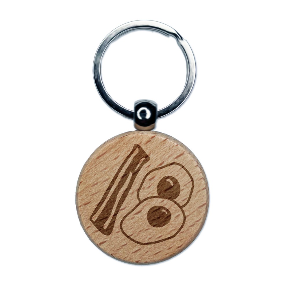 Bacon and Eggs Breakfast Engraved Wood Round Keychain Tag Charm
