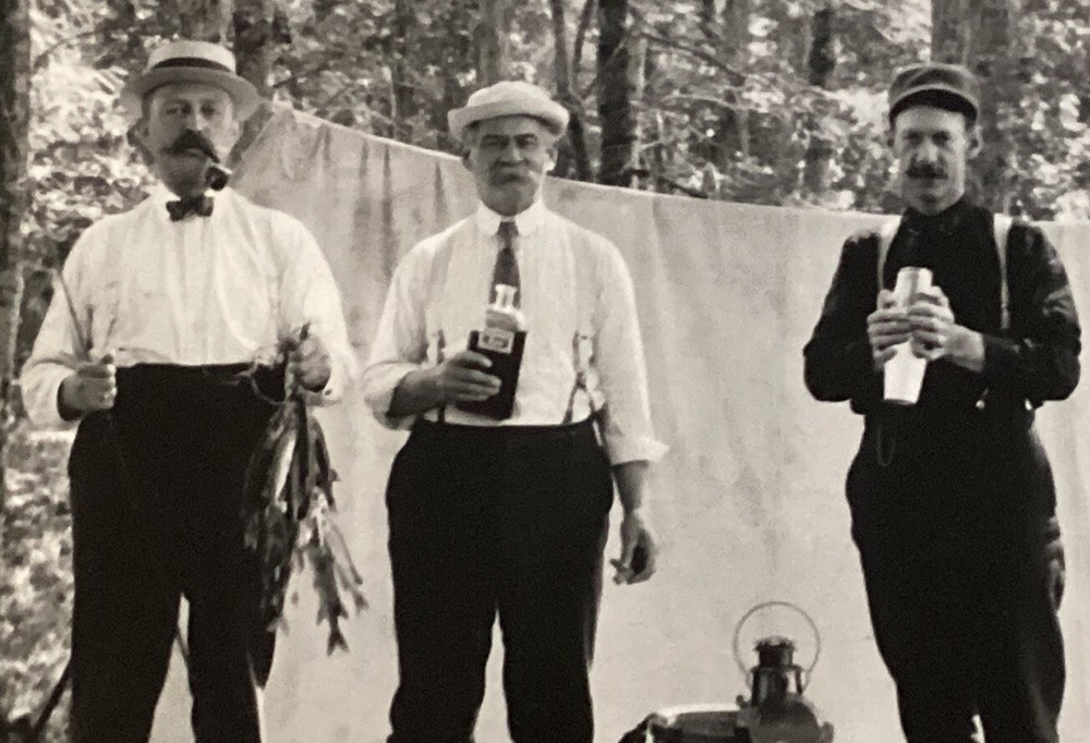 1920s Grown Men Camping Drinking Beer Rum Smoking Pipes, Fishing Hunting  PHOTO