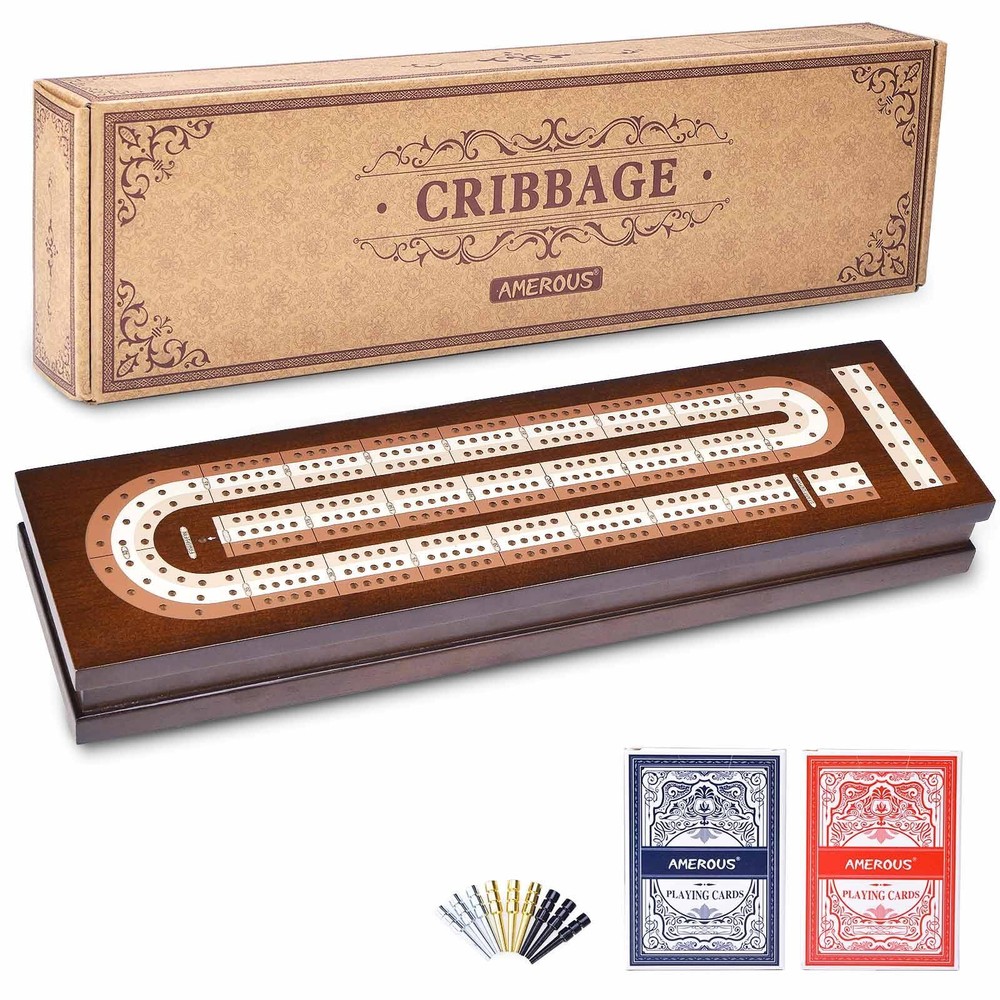 Amerous Wooden Cribbage Board Set with Magnetic Lock, 2 Cards & Metal Pegs