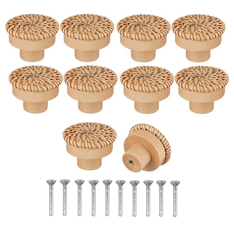 10 Smooth Surface Wooden Rattan Drawer Pulls for Boho Furniture Decor