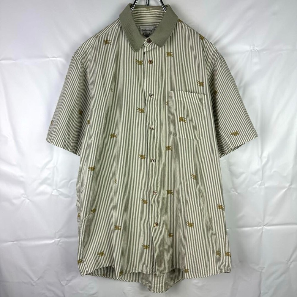 BURBERRYS Short sleeve Shirt Striped Horse Logo Green Cotton Men Size MA Used