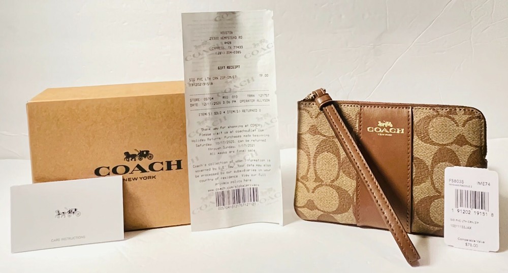 COACH Corner Zip Wristlet Signature Khaki Brown Wallet Woman BRAND NEW