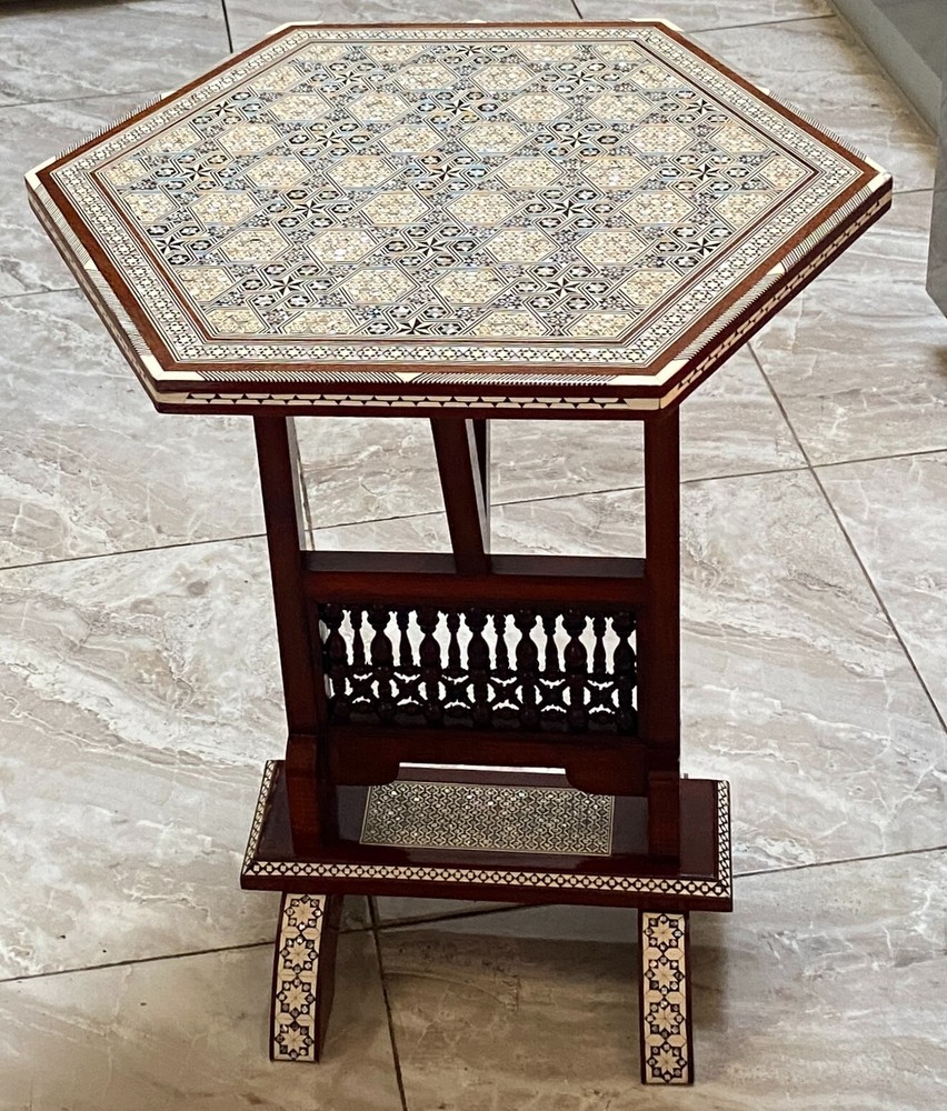 Handmade Wooden End Table Carving Wood Foldable Home Decor Mother of Pearl Inlay