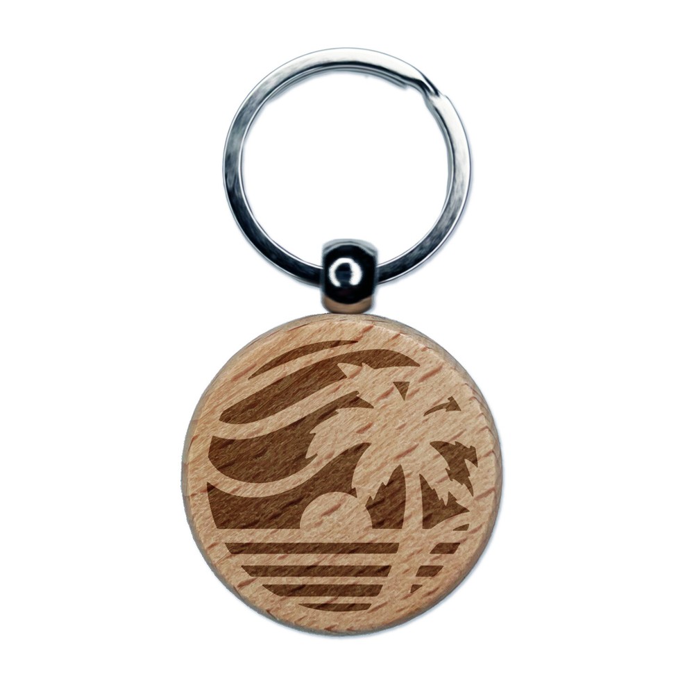 Beach Sunset Scene Tropical Ocean Engraved Wood Round Keychain Tag Charm