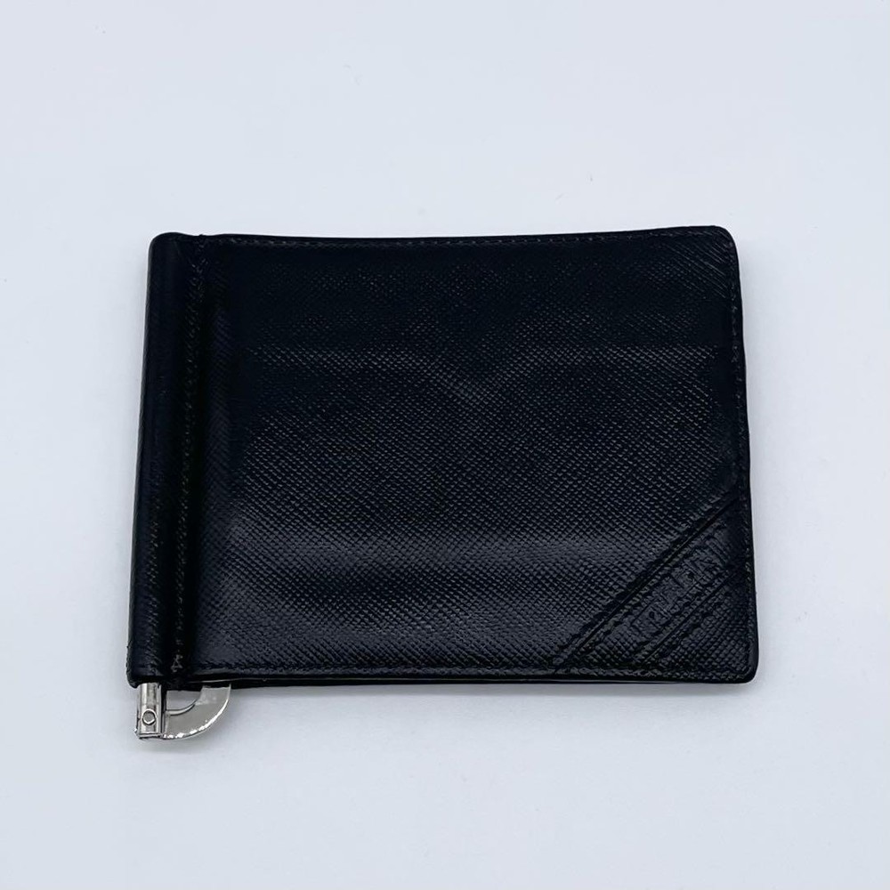 Prada Black Leather Bifold Wallet with Money Clip and Embossed Logo