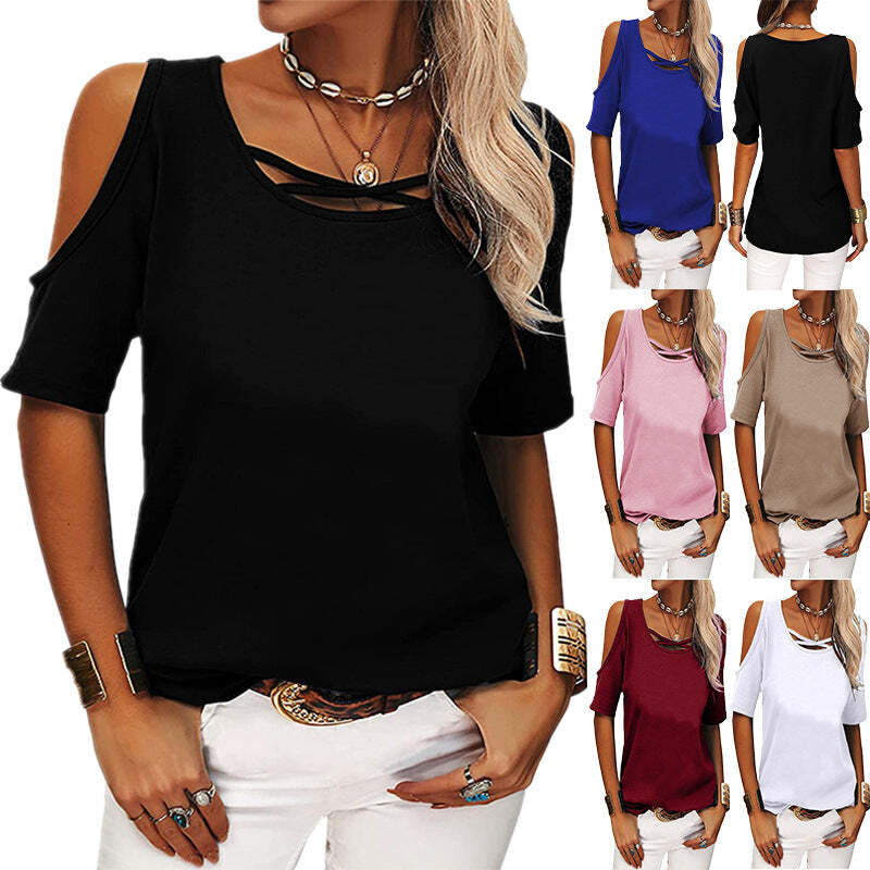 Fashion Casual Solid Color Off The Shoulder Loose Short Sleeved T Shirt Women