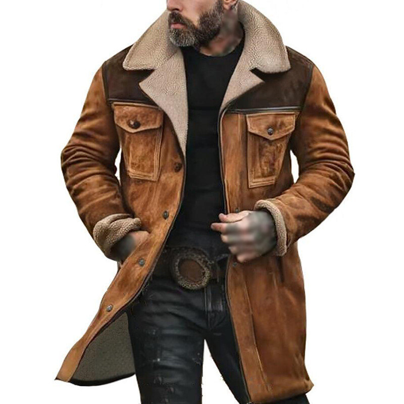 Autumn Winter Men's Coat Faux Suede Match Color Jacket Vintage Multi-pocket Coat