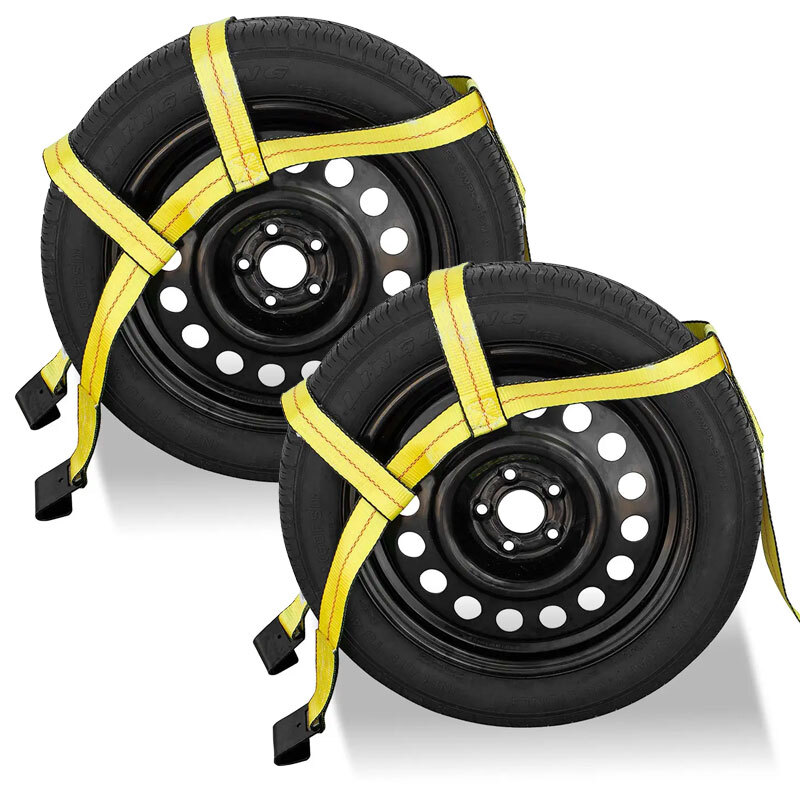 2-Pack Adjustable Car Tire Basket Straps with Flat Hooks for Tow Dolly Securing