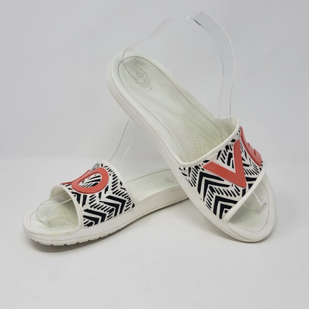 Iconic Crocs Women's Size 7 White Black Red Tribal Love Slide Slip On Sandals