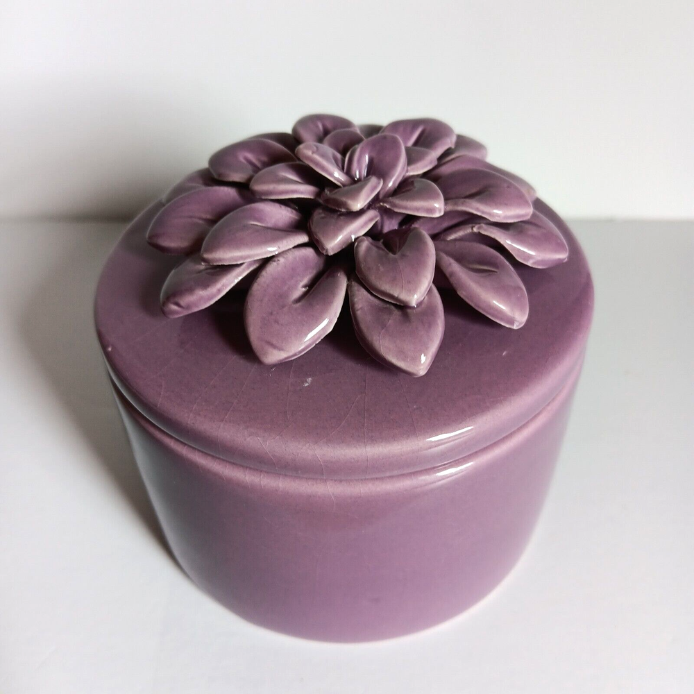 Purple Ceramic Jar Flower On Lid 4 inch Trinket Box Jewelry Mauve Gift