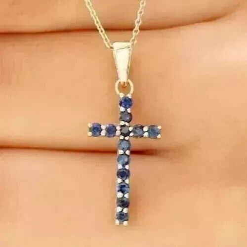 Round Cut Simulated Sapphire Stunning Cross Fancy Pendant 14K White Gold Plated