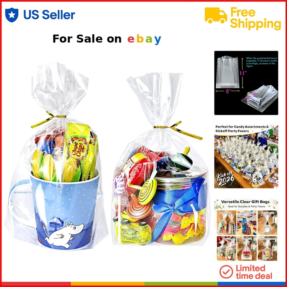 Cellophane Bags Clear 8x11 Inch 100 Pack Gusseted Stand-Up Treat Favors