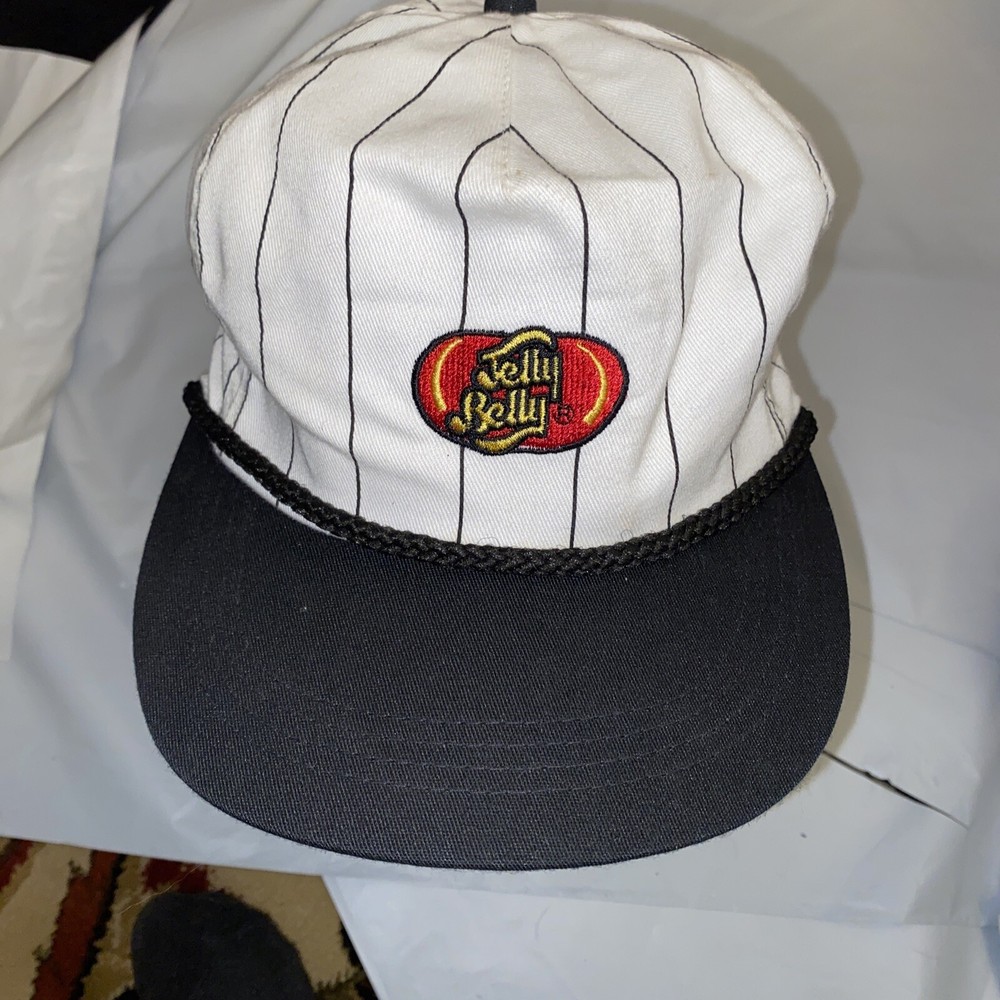 VTG Jelly Belly Jelly Beans Black And White pinstripe rope Hat Strap Back Cap