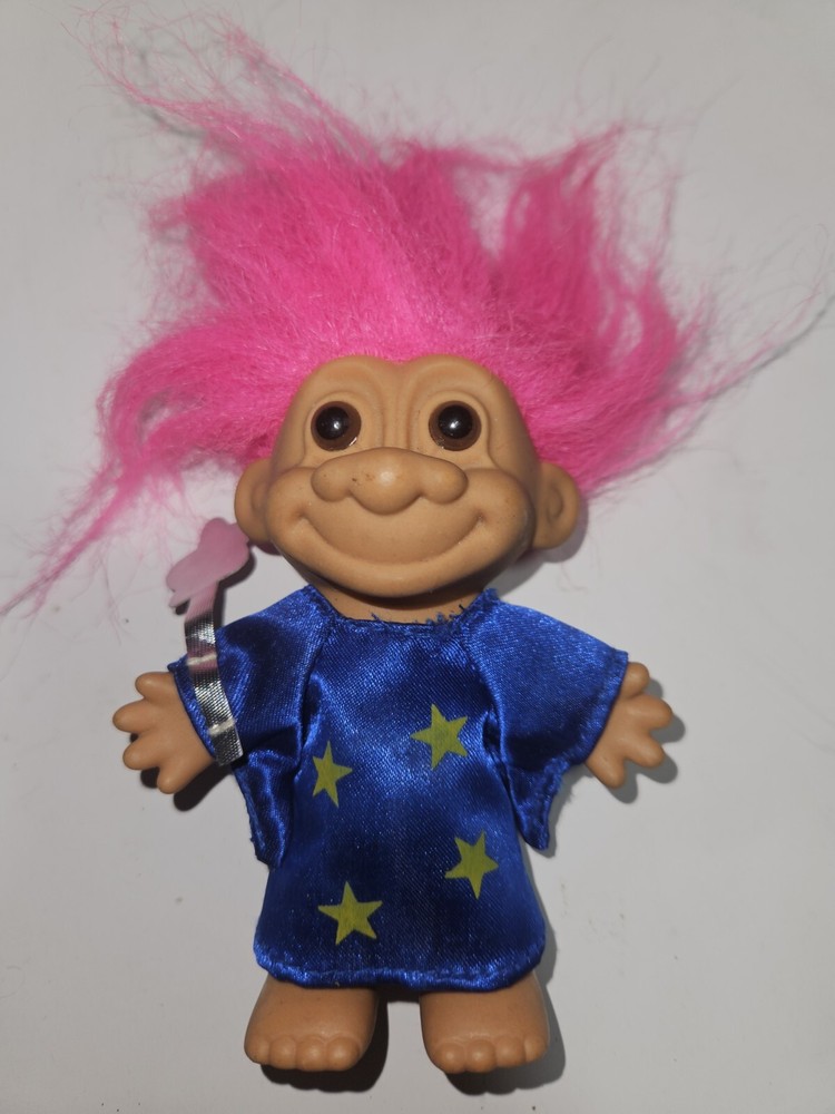 Vintage 90s Russ Wizard Troll Doll with Pink Hair Wand Hat Robe Magical Toy
