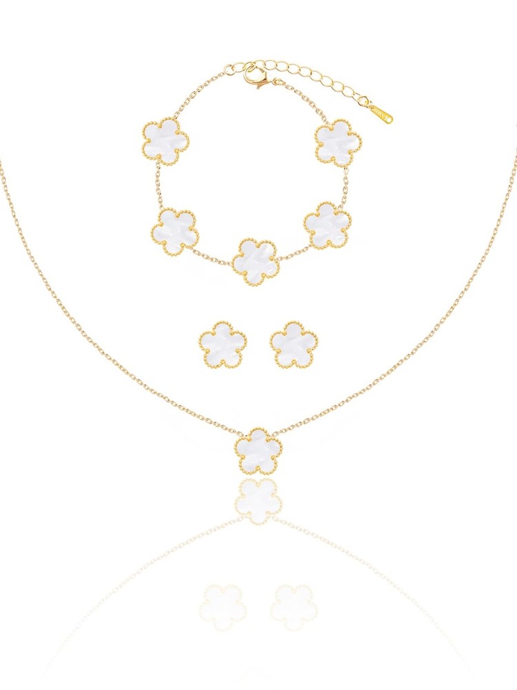 Gold Plated Five Leaf Clover Jewelry Set with Necklace Bracelet and Stud Earrings