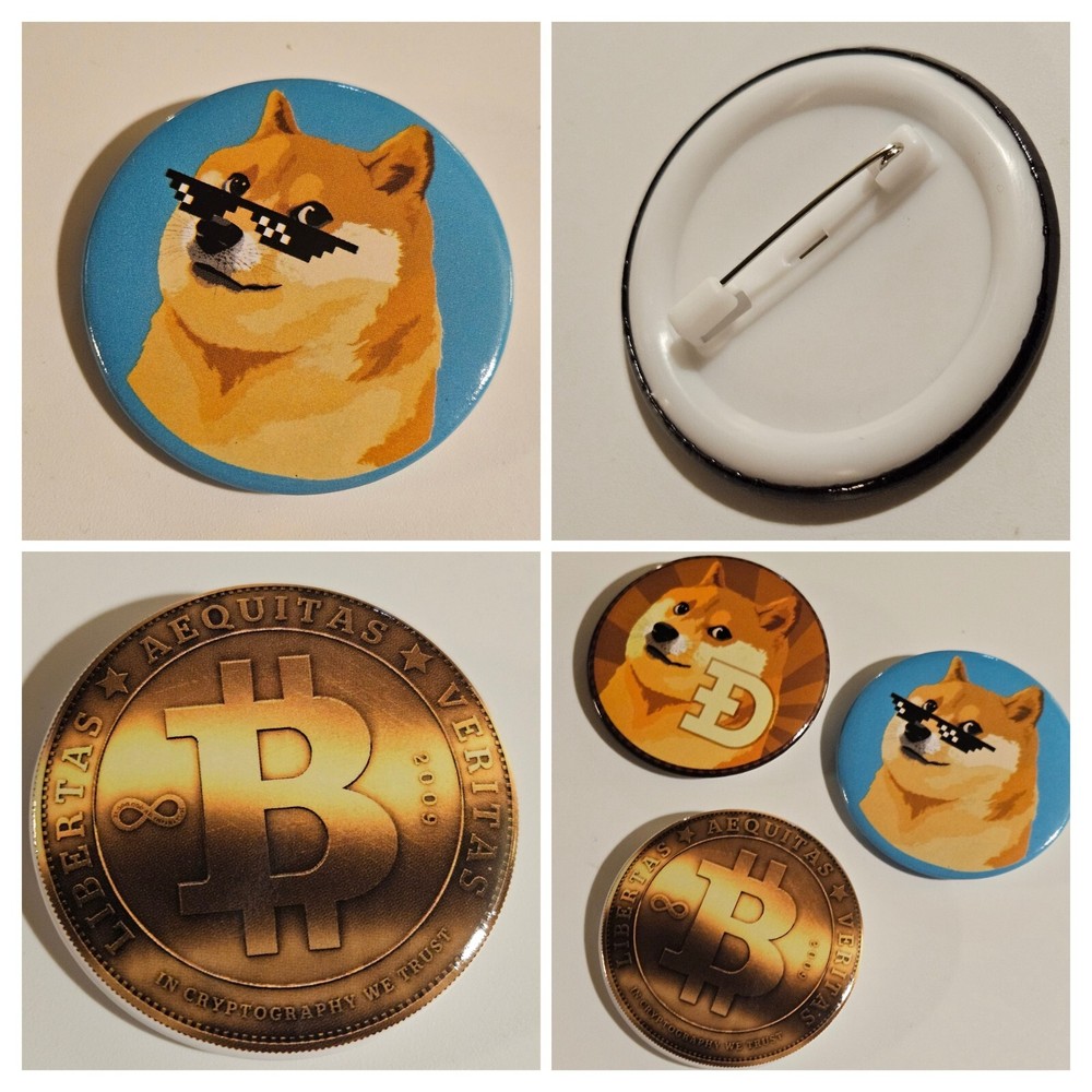 Lot Of 3 Dogecoin Doge Badge Buttons Pinback Pins 38mm Cryptocurrency Crypto-image