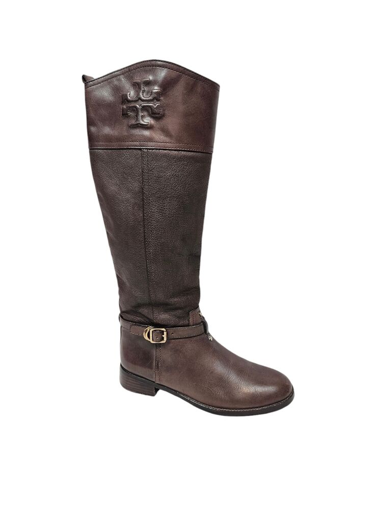 Tory Burch Simone Brown Leather Stitched Logo Tall Riding Boots Size 7.5 Women's