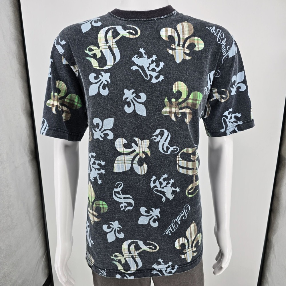 Y2K Southpole Men's Faded Black All Over Print Fleu de Lis Graphic T-Shirt (L)