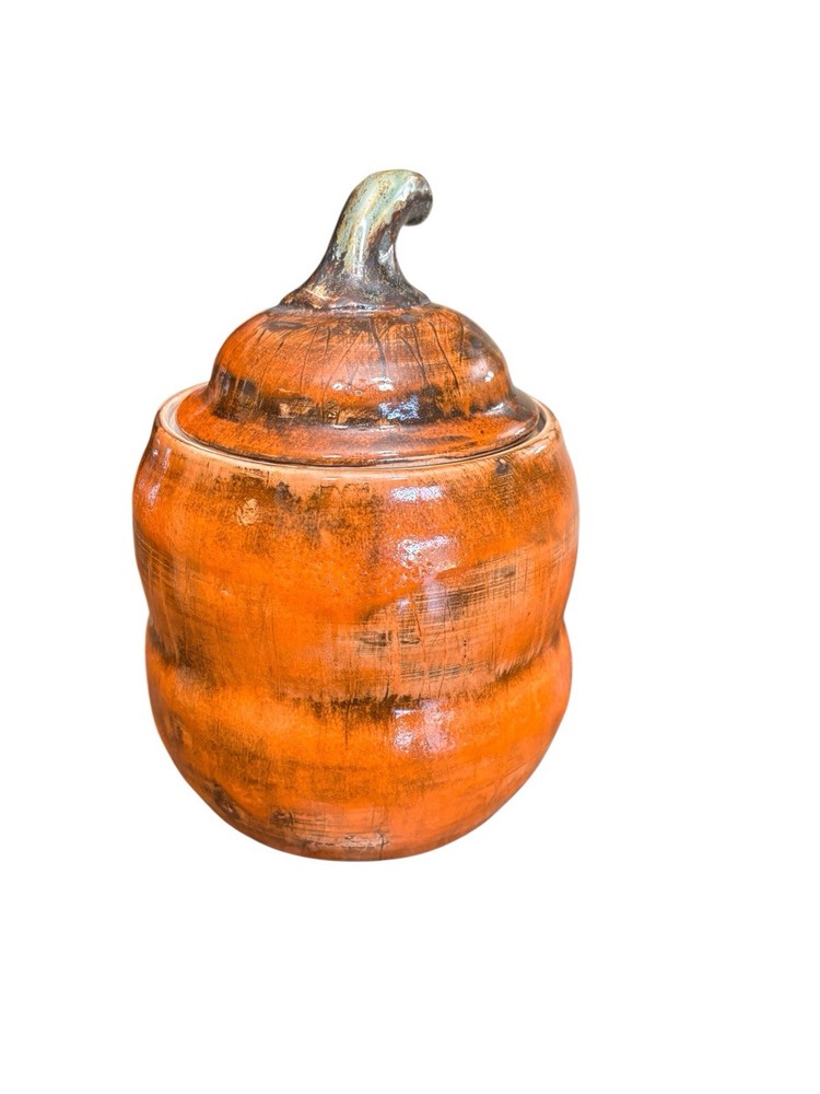 Handmade Vintage Orange Pumpkin Ceramic Cookie Jar Signed Artist Glazed