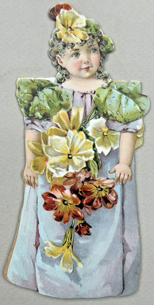 Antique Die Cut Trade Card Enameline Stove Polish Folding Flower Doll Stands Up