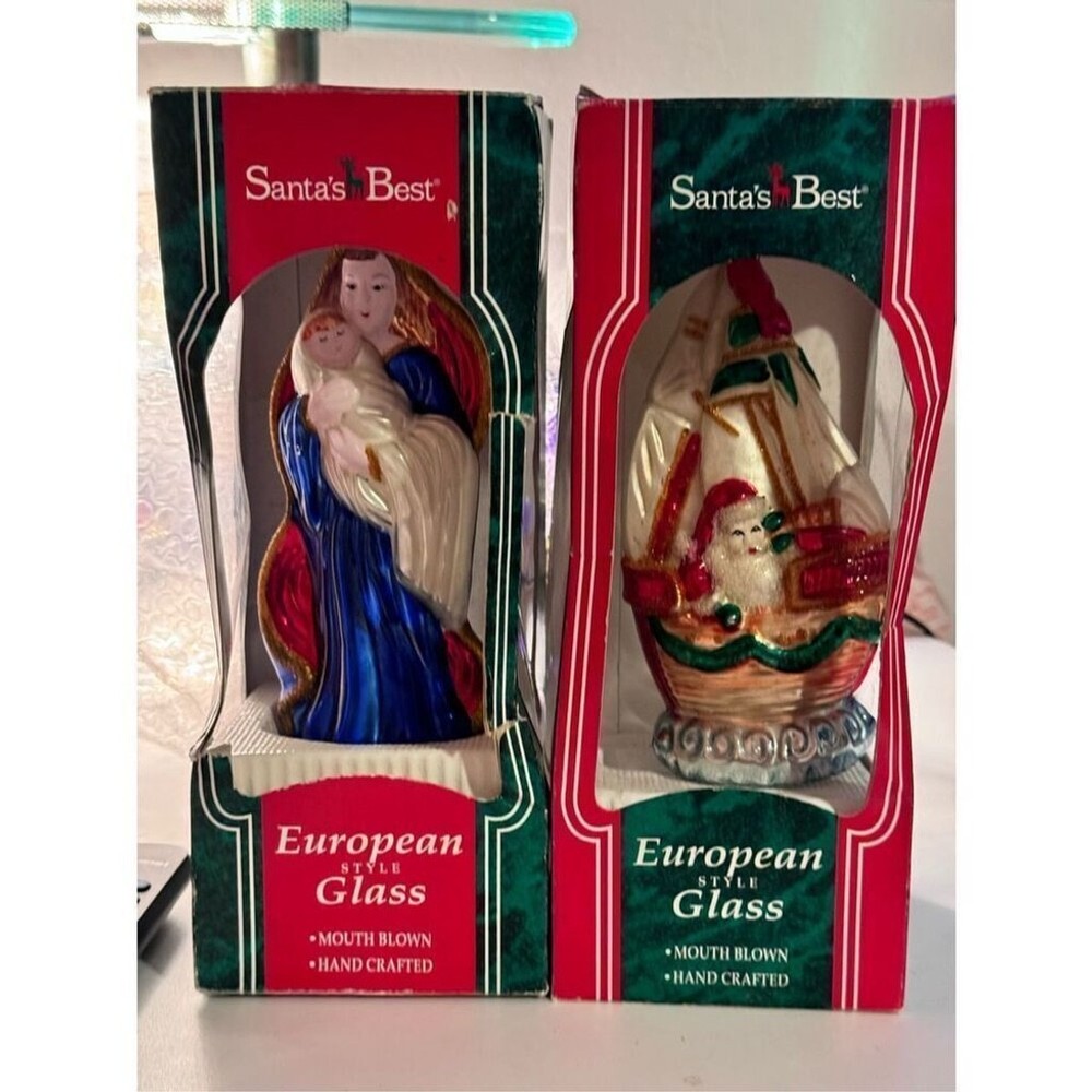 Christmas ornaments two Santa Mary with boxes tall 7 inches SANTAS Best Europea
